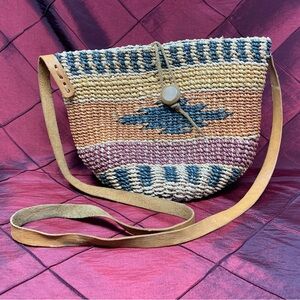 Vintage 90s Aztec Patterned Woven Wicker Boho Cross Body Handbag